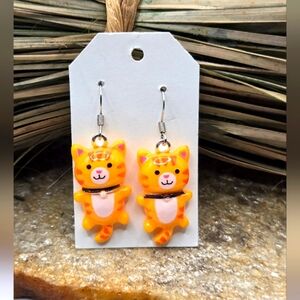 Orange Cat Earrings Pierced Cat Lady Dangle Drop Jewelry Light Weight Handmade